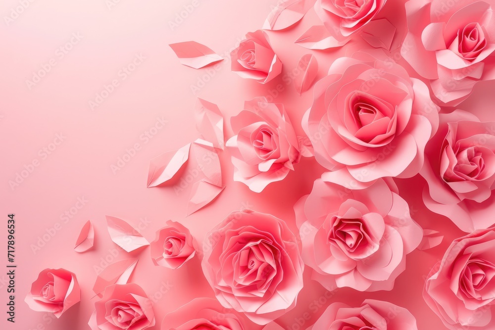 Valentine's day A delicate arrangement of pink and white spring flowers borders the left edge of a soft pink background, providing a fresh and serene space for messages. Ai generate