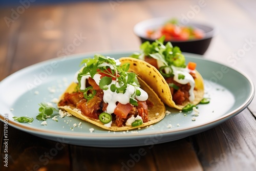 chorizo tacos with a dollop of sour cream and chives photo