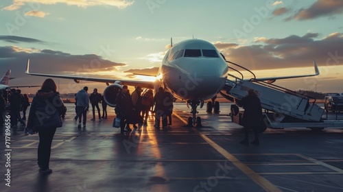 Airplane on the runway. A group of people with suitcases board a plane. The concept of travel, flight, vacation, work trips. Flight at sunset. photo