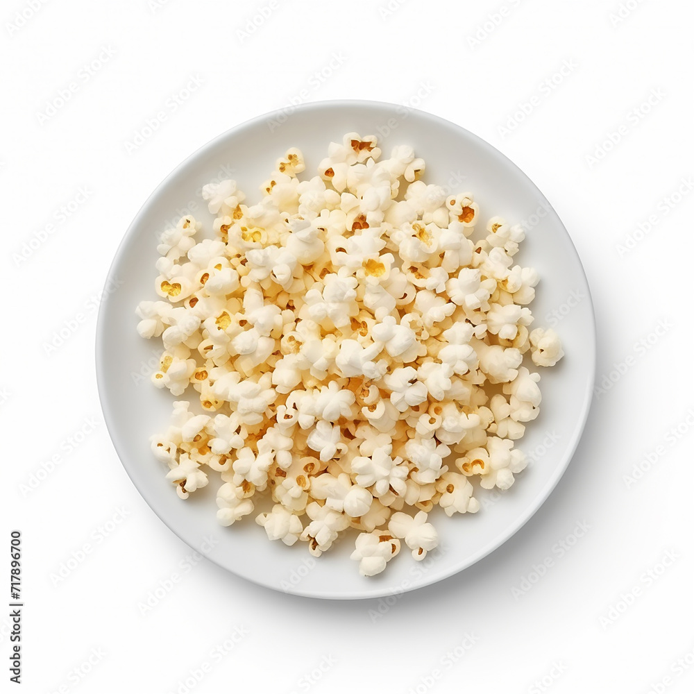 Popcorn on a plate isolated on a white background is in the top view Popcorn on a plate isolated on a white background is in the top view