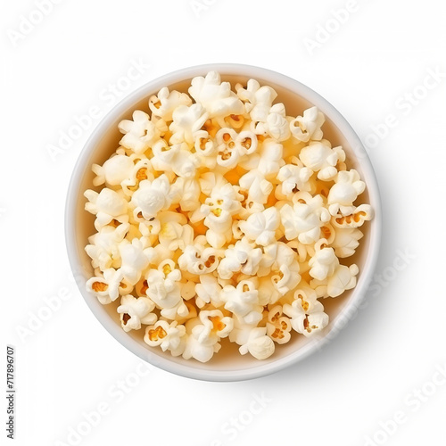 Popcorn on a plate isolated on a white background is in the top view