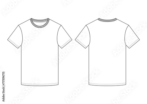 Vector fashion technical drawing of a T-shirt with front and back view. Ribbing details at neck area. Crew Neck. Knit fabric.