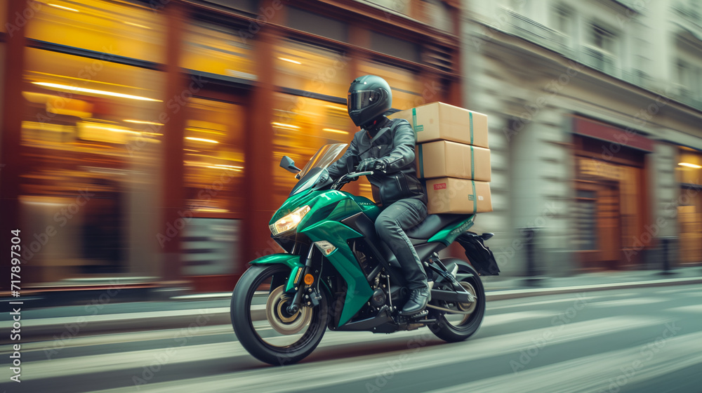 Delivery Man riding  a motorcycle bike with cardboard boxes package. Logistic industry background