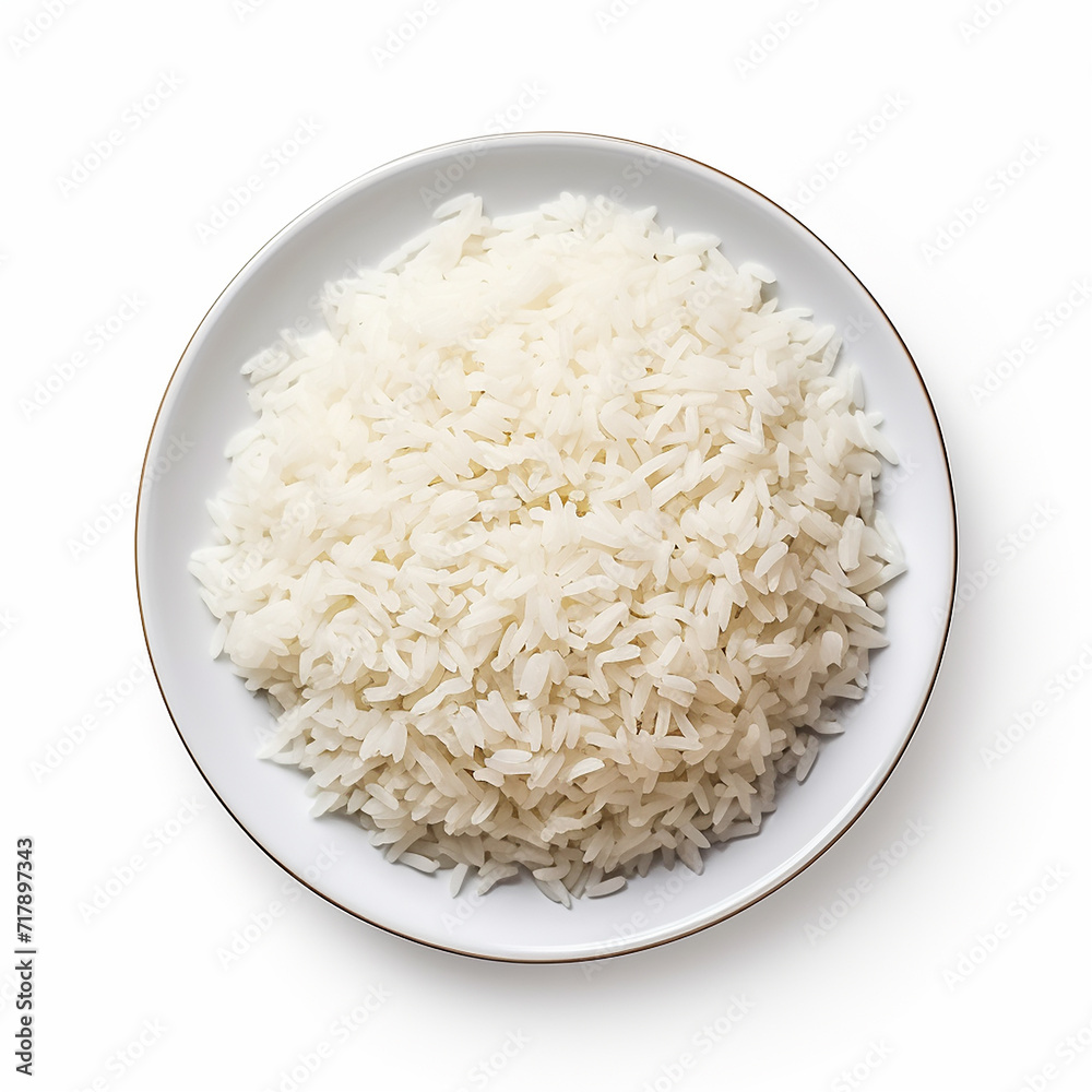 Essential Stovetop Rice is in the top view on a plate isolated on a white background Essential Stovetop Rice is in the top view on a plate isolated on a white background