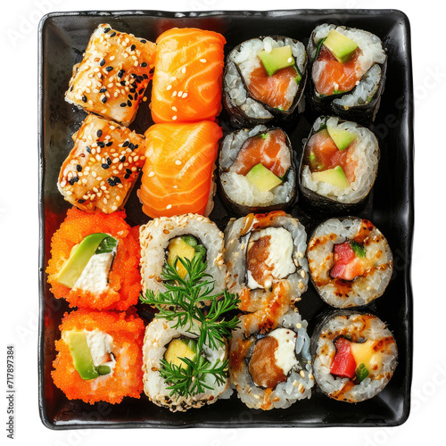 Japanese Sushi Rolls in black plate, Top view. Transparent background