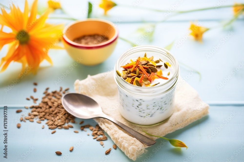 healthy snack: coconut yogurt with a topping of mixed seeds healthy snack: coconut yogurt with a topping of mixed seeds
