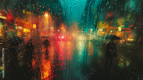Raindrops race down a car window  distorting the cityscape into a colorful  abstract painting  merging the melancholy of rain with the vibrant hues of urban life