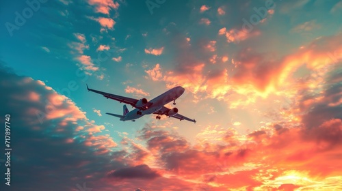 The plane takes off from the airport and flying in the sky, clouds, at high altitude, at sunset. Postcard for travel, vacation and relaxation.