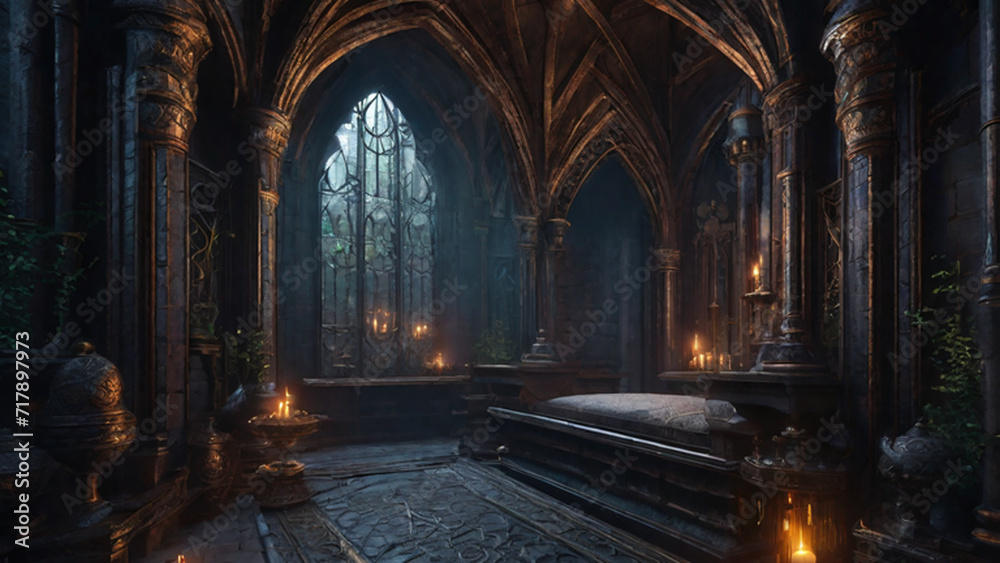 Castle dungeon, Gothic setting with candles, dark and creepy background, fantasy game. Generative AI, Generative, AI - obrazy, fototapety, plakaty 