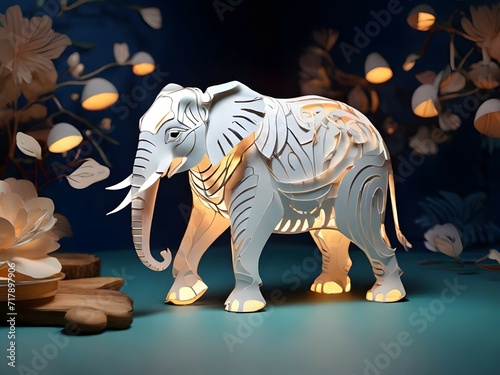A radiant elephant, surrounded by delicate paper art, a harmonious blend of luminosity and intricate design.