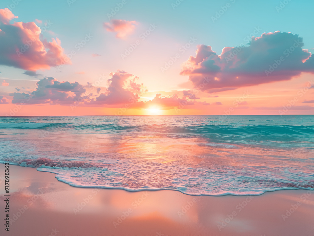 eautiful sunset over a pink sandy beach and ocean. spectacular beach scene, beach travel view background
