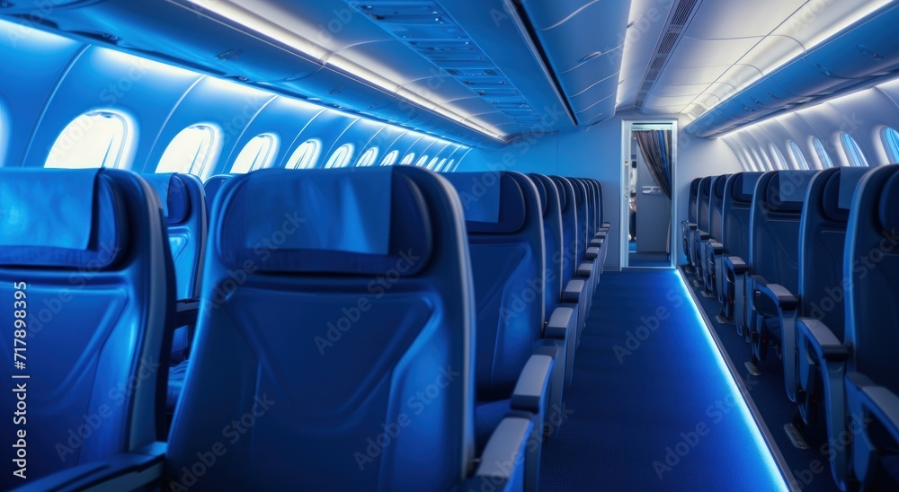 Fototapeta premium Airplane interior inside. Seats and passenger areas for business and economy class aircraft. Passengers travel in comfort.