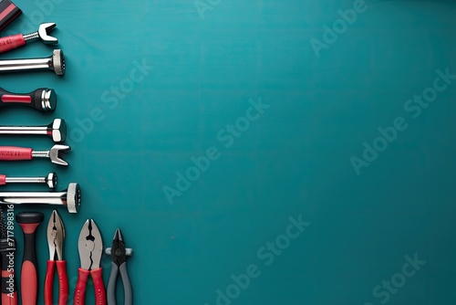 Tools of repair lay on a green background with a blank space for text  photo