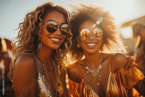 Two girls wearing sunglasses at a festival