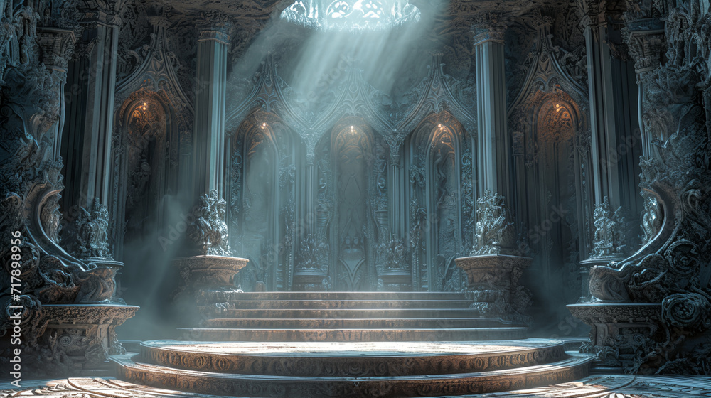  dark mythical aquamarine cathedral with stone steps, epic fantasy scenes, ray lights, game or wallpaper background
