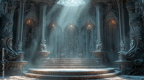  dark mythical aquamarine cathedral with stone steps, epic fantasy scenes, ray lights, game or wallpaper background 