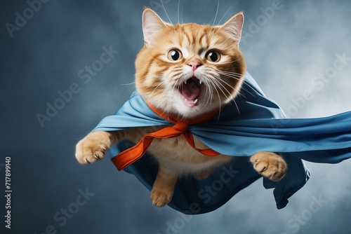 Superhero cat jumping and flying with blue cloak and mask on light blue background © Emvats