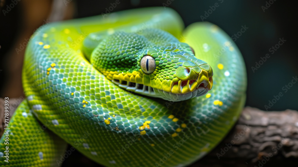 Green Tree Python in Repose: A Striking Portrait of Reptilian Beauty Green Tree Python in Repose: A Striking Portrait of Reptilian Beauty