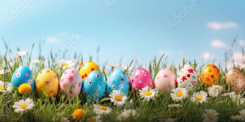 Easter colorful eggs on the grass against the blue sky.Banner. Copy space