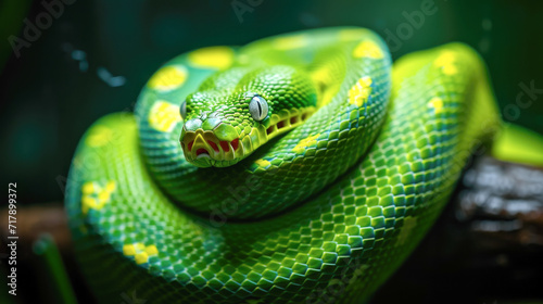 Green Tree Python in Repose: A Striking Portrait of Reptilian Beauty