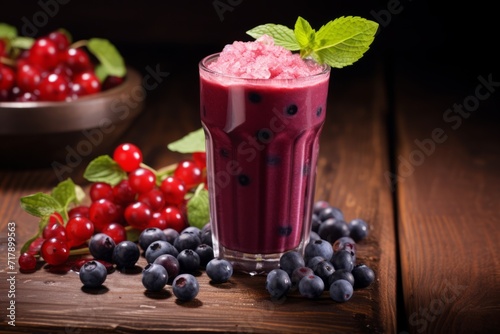 Vibrant Purple Blueberry and Pomegranate Smoothie Garnished with Berries on a Charming Old Wooden Table