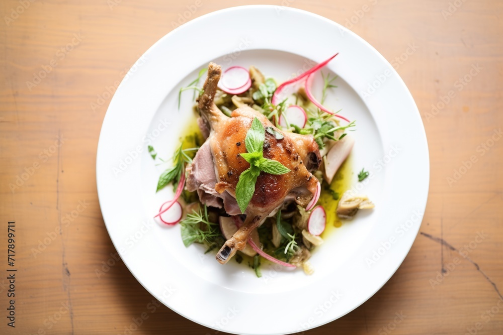 fresh herbs scattered around a plate of duck confit fresh herbs scattered around a plate of duck confit