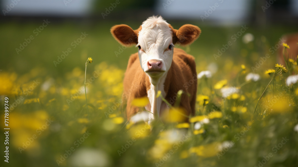 Calf in a meadow in the summer on a farm