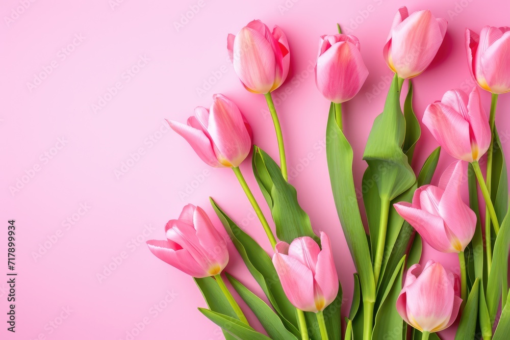 Obraz premium Valentine's day A row of fresh pink tulips gracefully aligned along the bottom edge of a soft pastel pink background, offering a delicate and clean design with space for text above. Ai generate