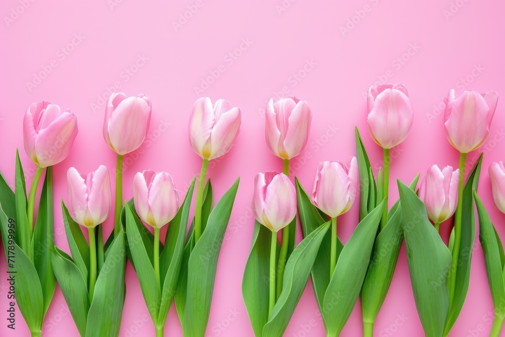 Valentine's day A row of fresh pink tulips gracefully aligned along the bottom edge of a soft pastel pink background, offering a delicate and clean design with space for text above. Ai generate Valentine's day A row of fresh pink tulips gracefully aligned along the bottom edge of a soft pastel pink background, offering a delicate and clean design with space for text above. Ai generate