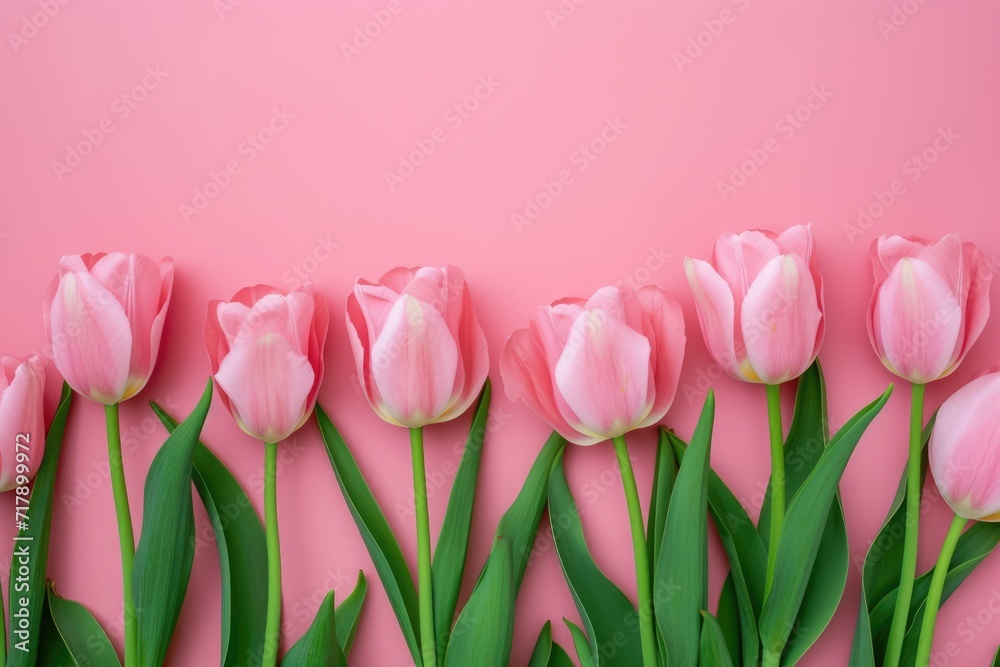 Valentine's day A row of fresh pink tulips gracefully aligned along the bottom edge of a soft pastel pink background, offering a delicate and clean design with space for text above. Ai generate Valentine's day A row of fresh pink tulips gracefully aligned along the bottom edge of a soft pastel pink background, offering a delicate and clean design with space for text above. Ai generate