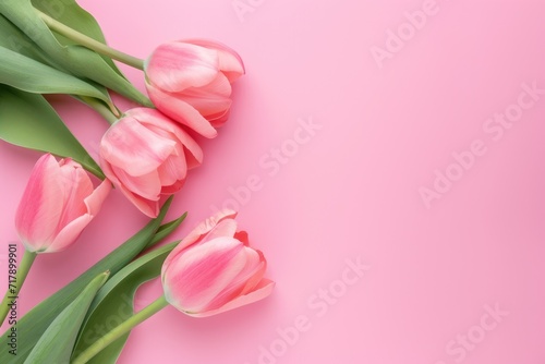 Valentine's day A row of fresh pink tulips gracefully aligned along the bottom edge of a soft pastel pink background, offering a delicate and clean design with space for text above. Ai generate © qntn