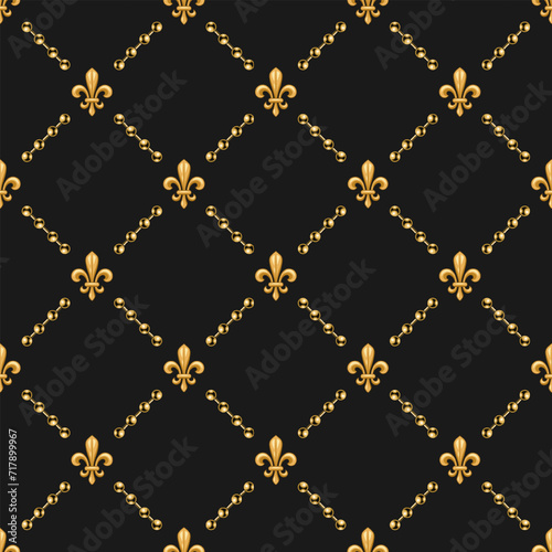 Geometric pattern with fleur de lis symbol, golden jewelry ball chains on black background. Diagonal square grid. Vintage style