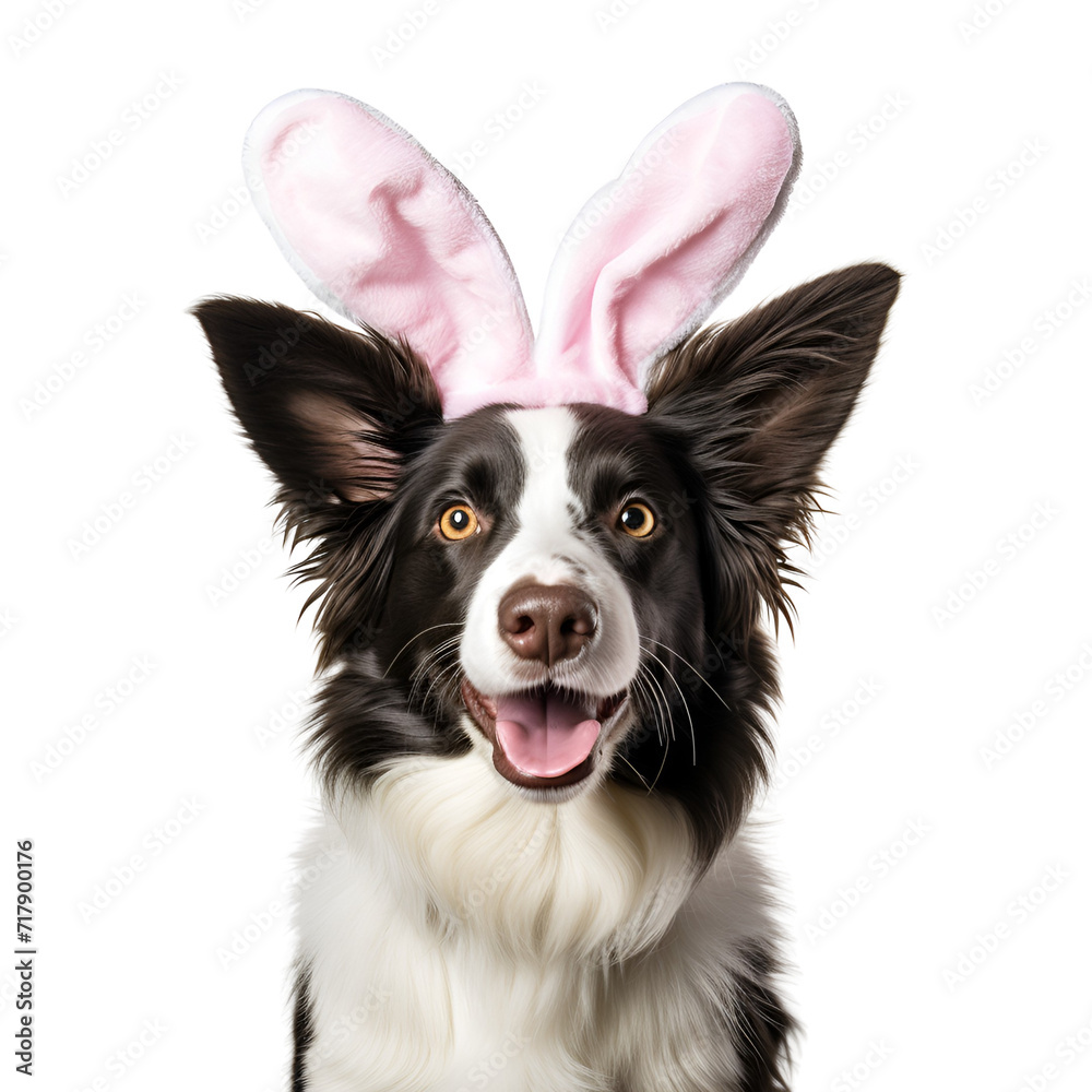 Dog with rabbit ears, happy border collie ready for Easter in bunny costume, Isolated on Transparent Background, PNG