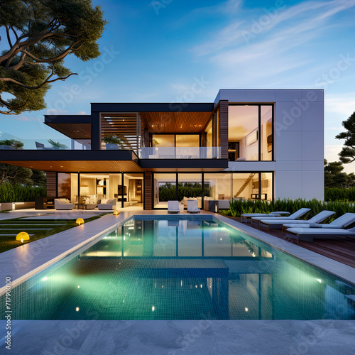 lifestyle photo modern house with pool. © mindstorm