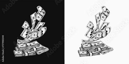 Money black and white composition with flying apart 100 dollar banknotes from stacks dollar bills. Pile of cash money. Design element in vintage style.