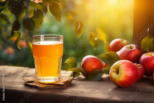 A rustic morning scene featuring a thirst-quenching glass of apple juice, fresh apples, and a picturesque sunrise