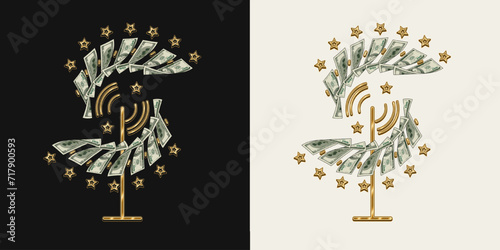 Money creative composition with Catherine wheel firework with flying apart 100 dollar bills. Conceptual vintage illustration for success, luck.