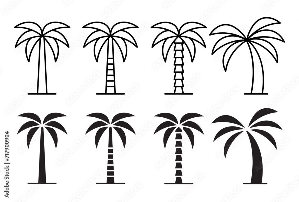 Palm tree vector icon set. miami beach tropic coconut tree sign. summer hawaii palm tree icon set.