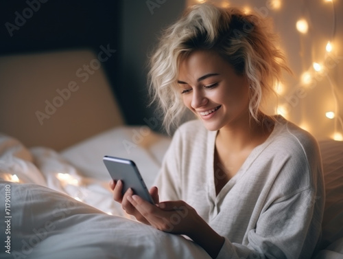 Smiling Woman with Smartphone in Cozy Bedroom