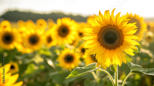 Sunflower Field Bathed in Sunshine and Blue Sky