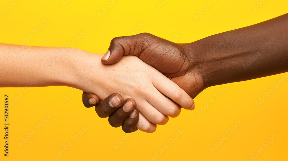Unity in Diversity: Close-Up of a Multiracial Handshake on Yellow Background