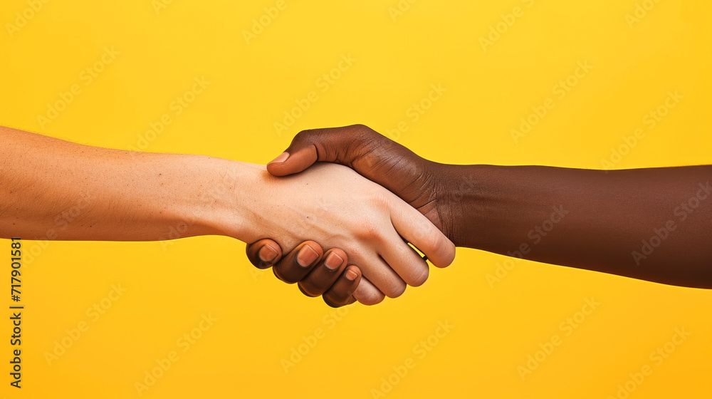 Unity in Diversity: Close-Up of a Multiracial Handshake on Yellow Background Unity in Diversity: Close-Up of a Multiracial Handshake on Yellow Background