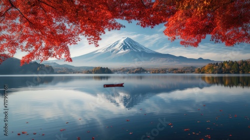 Tranquil Autumn Scene with a Red Boat on a Calm Lake and Mt. Fuji in the Distance
