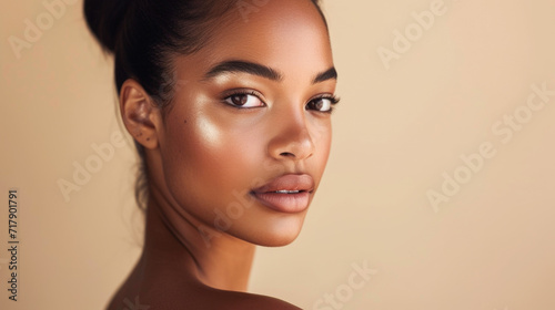 Portrait of a Young Woman with Flawless Skin and Neutral Expression