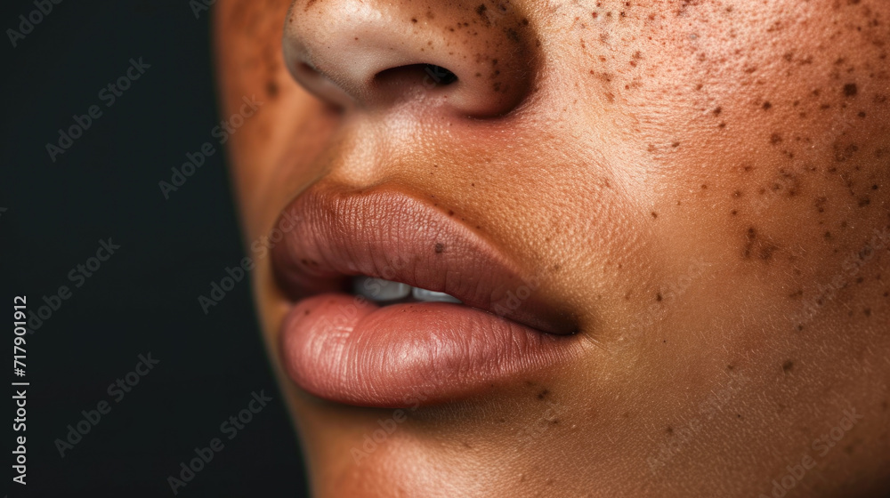 Fototapeta premium Close-Up of a Person's Lips with Freckles and Rich Complexion