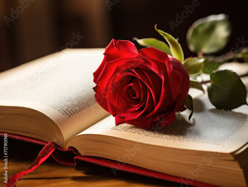 A vibrant red rose lies on an open book with a ribbon bookmark.