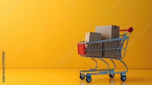 Package box and cart trolley on yellow photo studio background, e-commerce concept. Generative AI.