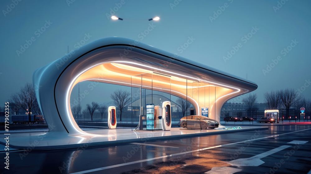 Futuristic Architectural, Showcase the innovation of a futuristic charging station. Generative AI.