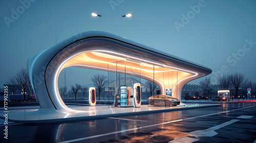 Futuristic Architectural, Showcase the innovation of a futuristic charging station. Generative AI. © visoot