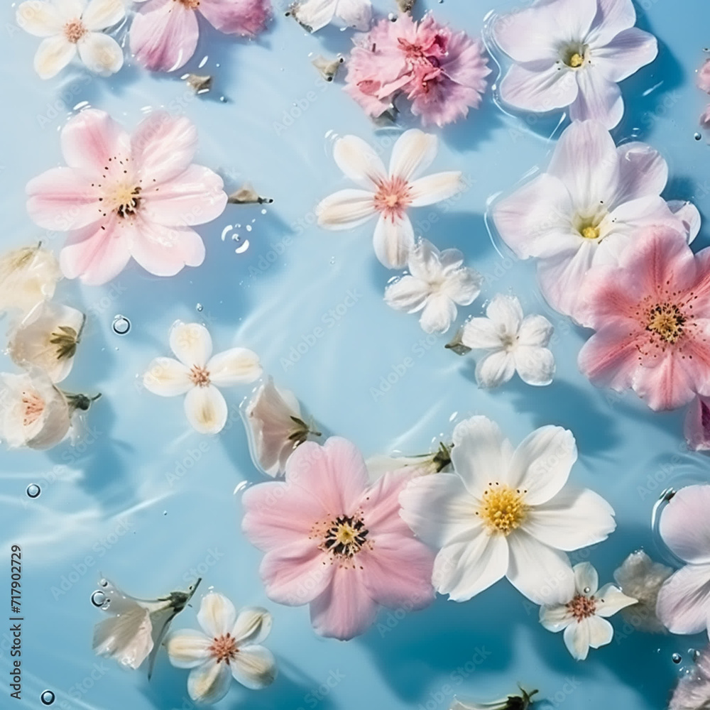 Pink White Japanese Cherry Blossoms Floating On Water. Aesthetic Wallpaper Background Ai Generative Photography